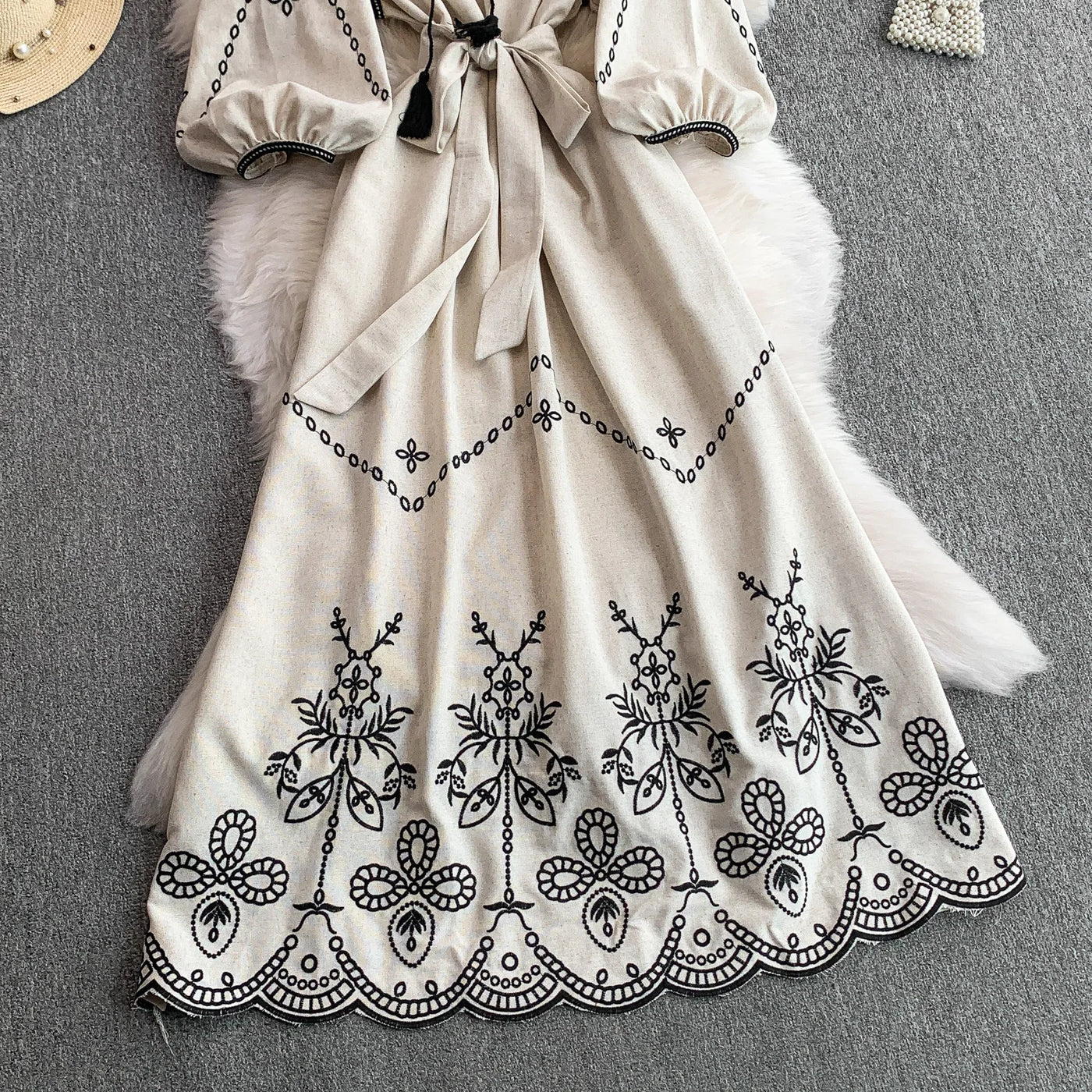 Retro Ethnic Sle Embroidered A-Line Long Dr Women's round Ne Lantern Sve Dr Slimming High Waist Korean Sle