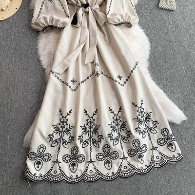 Retro Ethnic Sle Embroidered A-Line Long Dr Women's round Ne Lantern Sve Dr Slimming High Waist Korean Sle