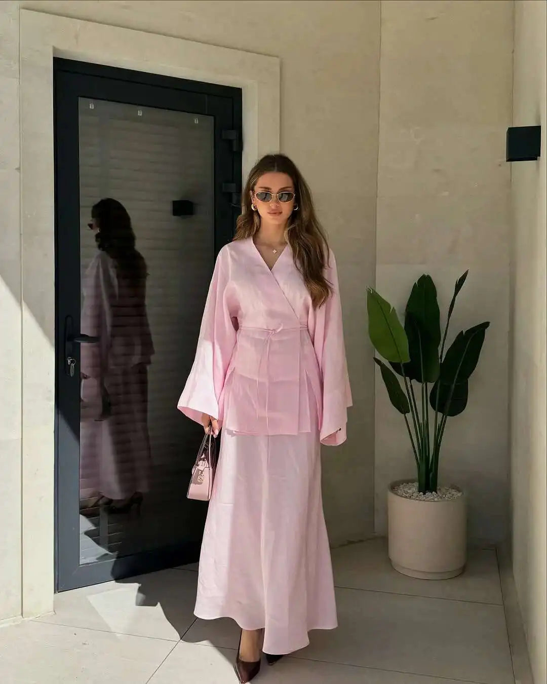 Women's Clothing 2025 Summer New Solid Color V-neck Tie Long Sleeve Cardigan High Waist Skirt Set