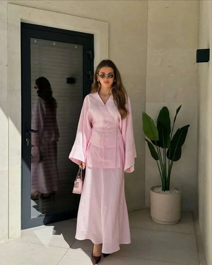Women's Clothing 2025 Summer New Solid Color V-neck Tie Long Sleeve Cardigan High Waist Skirt Set