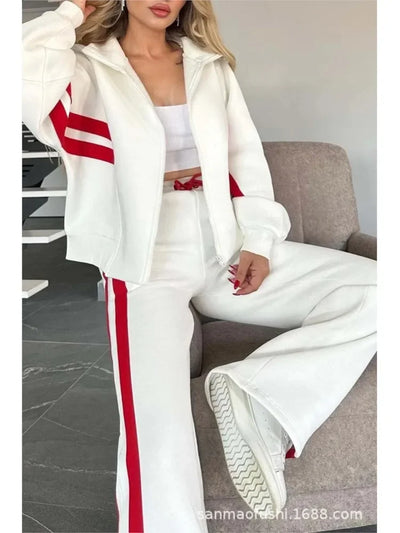 Striped Zipper Coat+sweatpants 2 Piece Set Women Spring Casual Batwing Sleeve Sports Jacket Outfits White Sweatshirt Suit