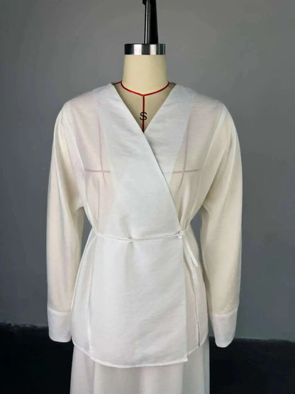 Women's Clothing 2025 Summer New Solid Color V-neck Tie Long Sleeve Cardigan High Waist Skirt Set