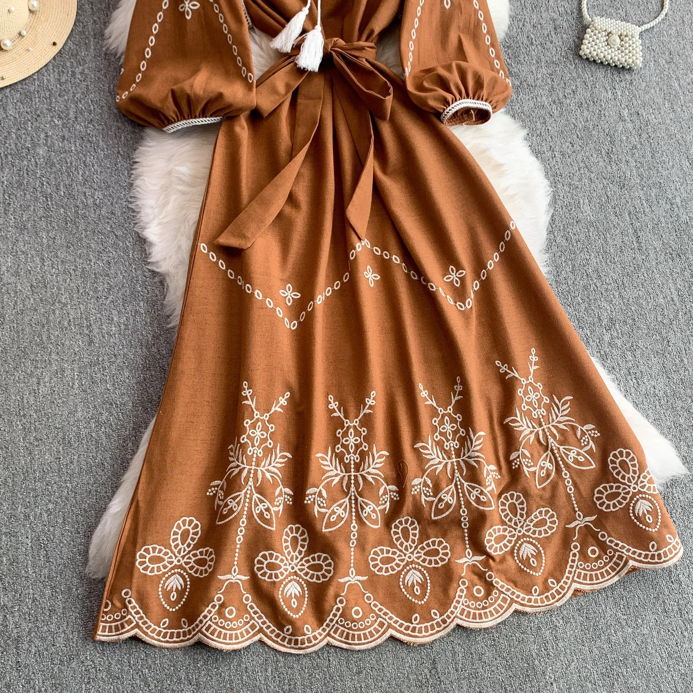 Retro Ethnic Sle Embroidered A-Line Long Dr Women's round Ne Lantern Sve Dr Slimming High Waist Korean Sle