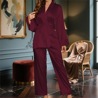 2-piece Set Fashion Pink Elegant Long-sleeved Lace-up Home Wear For Women's Spring Autumn New Casual Loose Trousers Female 2025