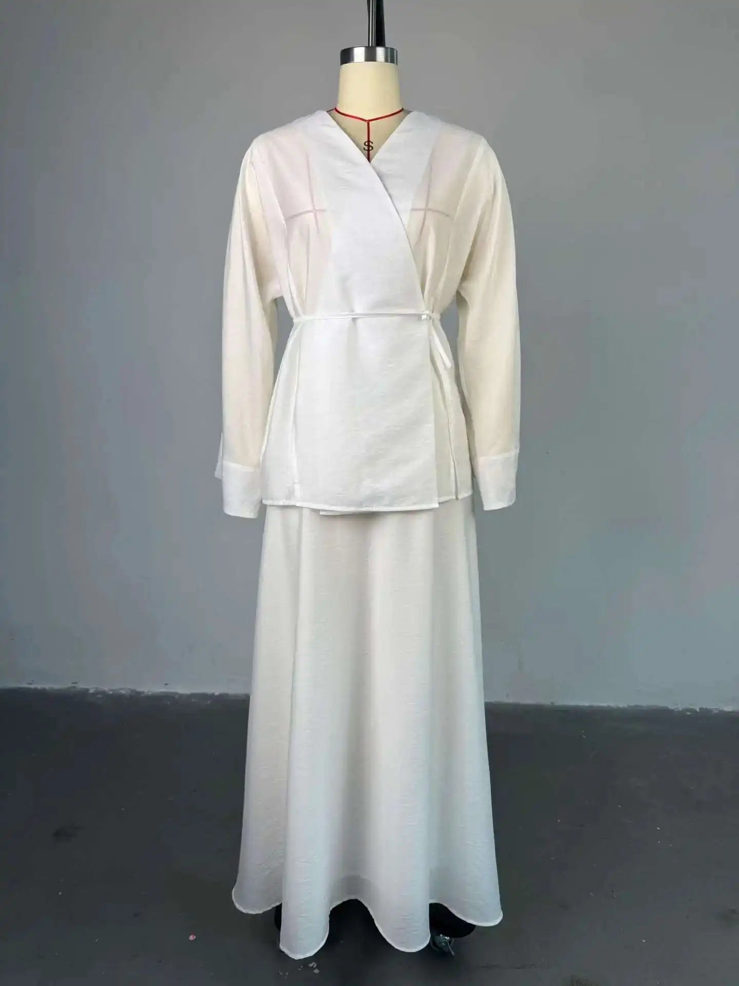 Women's Clothing 2025 Summer New Solid Color V-neck Tie Long Sleeve Cardigan High Waist Skirt Set