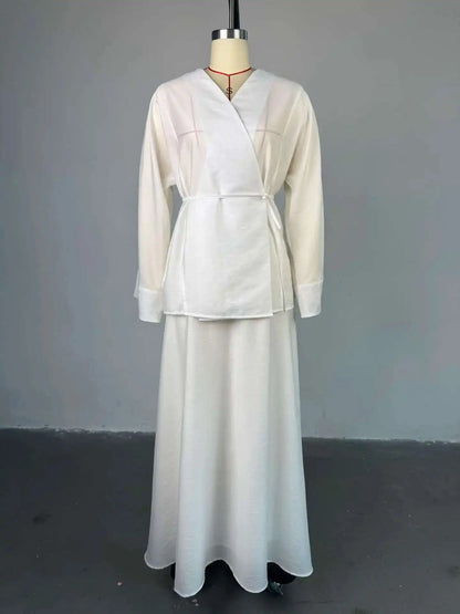 Women's Clothing 2025 Summer New Solid Color V-neck Tie Long Sleeve Cardigan High Waist Skirt Set