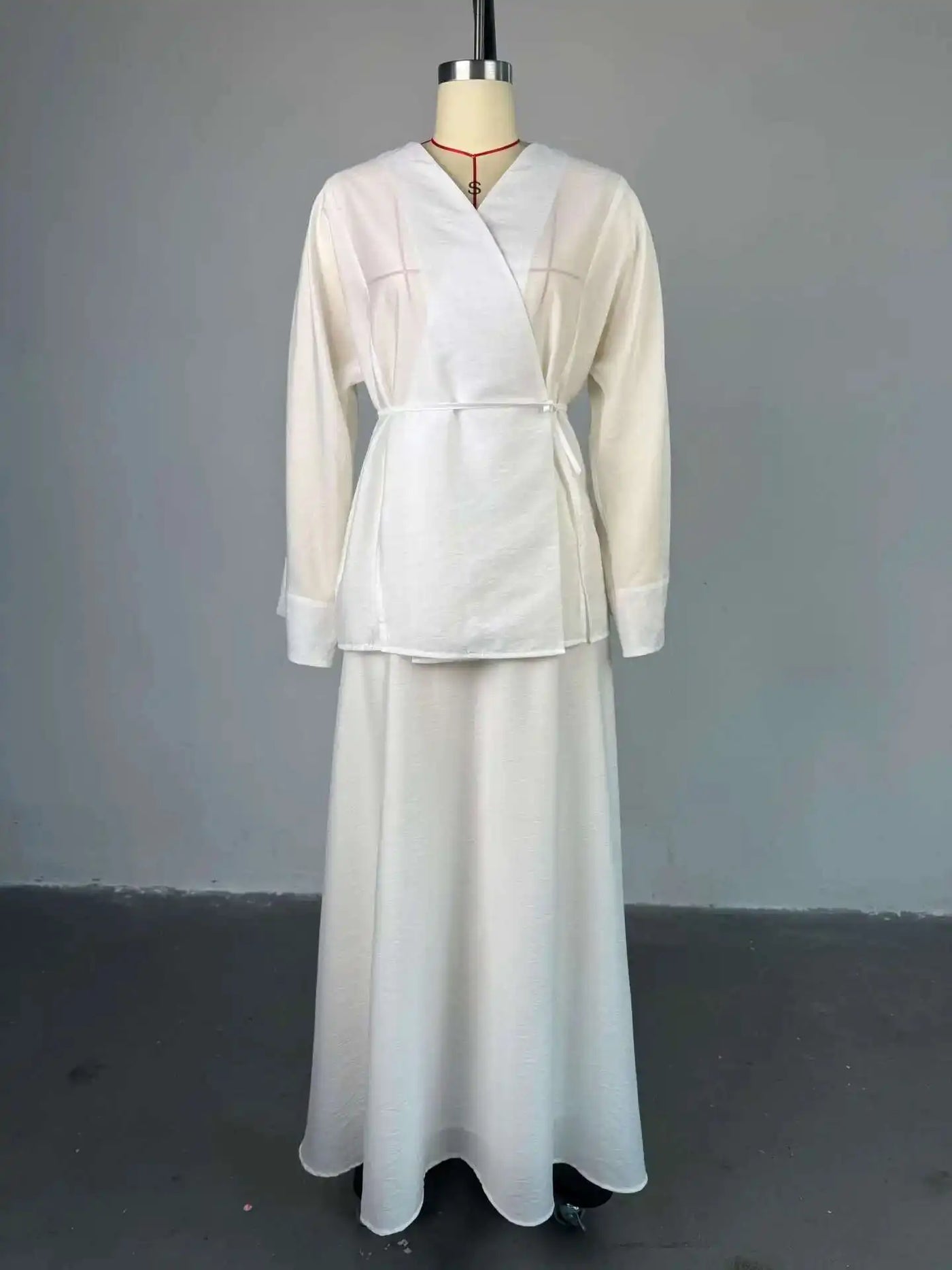 Women's Clothing 2025 Summer New Solid Color V-neck Tie Long Sleeve Cardigan High Waist Skirt Set