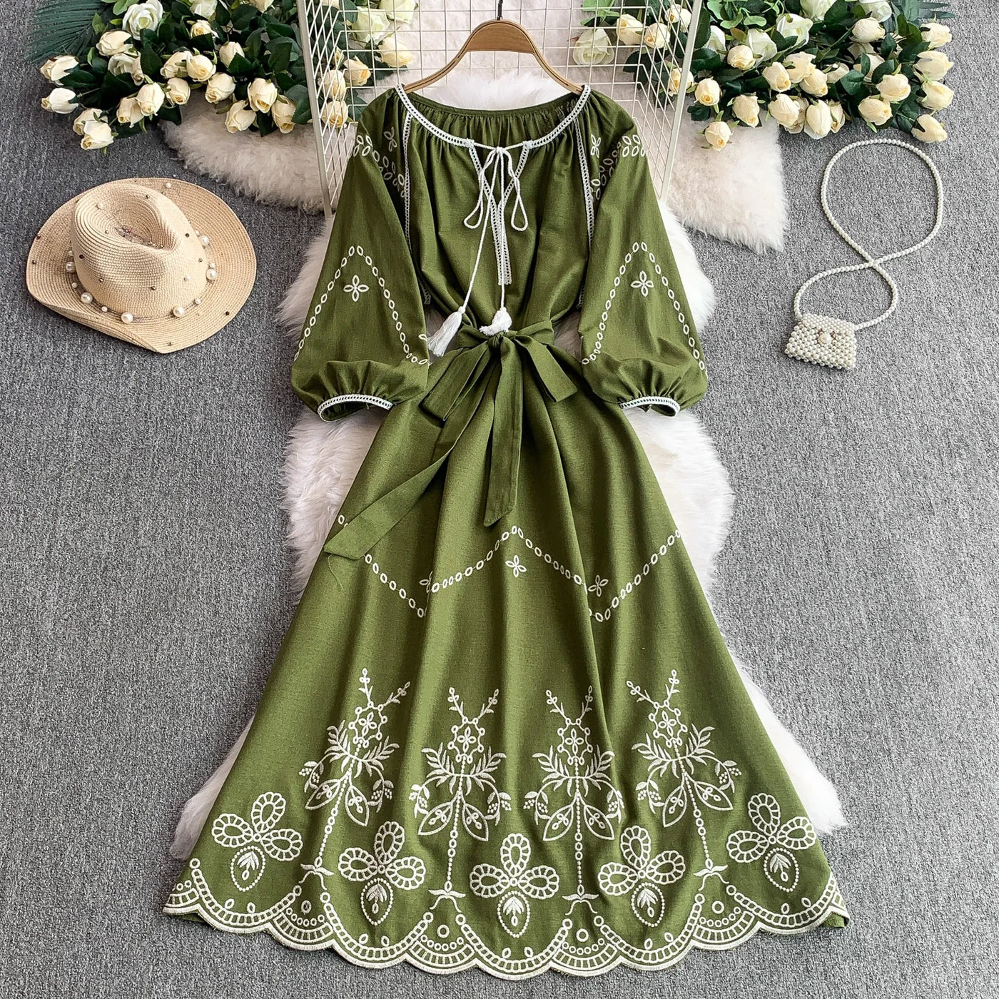 Retro Ethnic Sle Embroidered A-Line Long Dr Women's round Ne Lantern Sve Dr Slimming High Waist Korean Sle