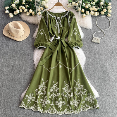 Retro Ethnic Sle Embroidered A-Line Long Dr Women's round Ne Lantern Sve Dr Slimming High Waist Korean Sle