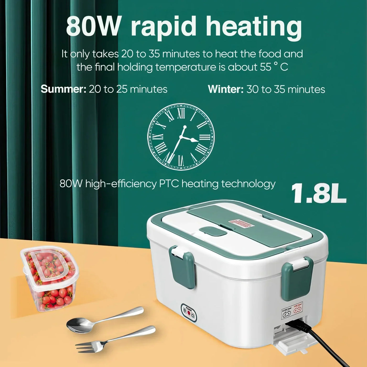 Electric Lunch Box Food Warmer 1.8 L 80W Outdoor Camping Bento Picnic Portable Food Heater Car/Home Self Heating Box