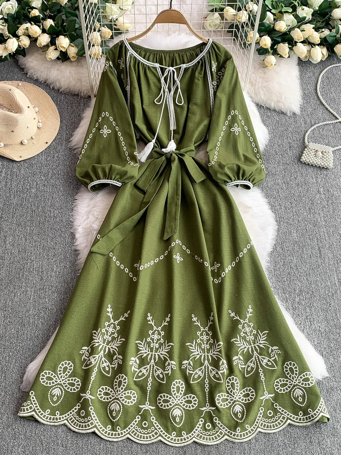Retro Ethnic Sle Embroidered A-Line Long Dr Women's round Ne Lantern Sve Dr Slimming High Waist Korean Sle