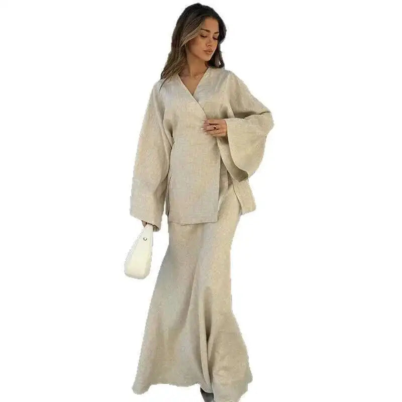 Women's Clothing 2025 Summer New Solid Color V-neck Tie Long Sleeve Cardigan High Waist Skirt Set