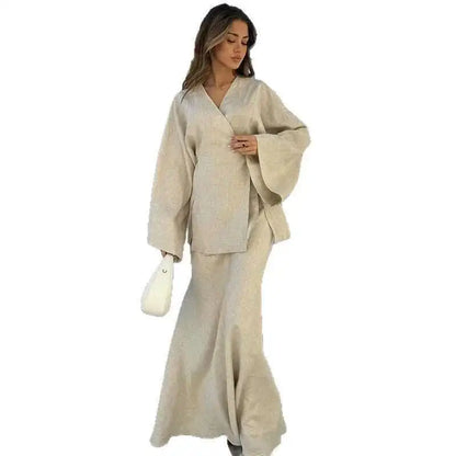 Women's Clothing 2025 Summer New Solid Color V-neck Tie Long Sleeve Cardigan High Waist Skirt Set