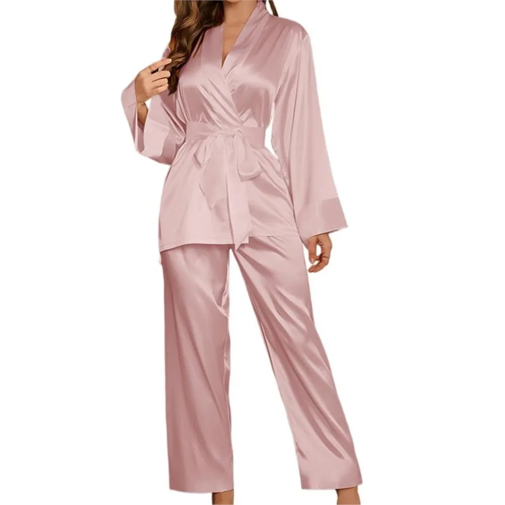2-piece Set Fashion Pink Elegant Long-sleeved Lace-up Home Wear For Women's Spring Autumn New Casual Loose Trousers Female 2025