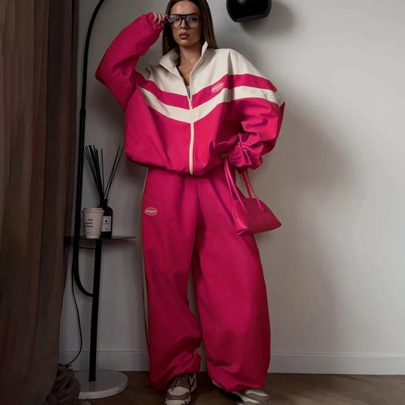 Spring Autumn Street Jumper Two Piece Set Women Long Sleeve Zipper Jacket+Patchwork Hip-Hop Sports Pant Suit Loose Women Outfit