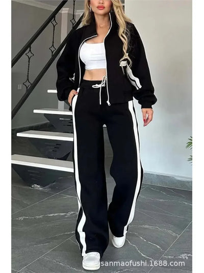 Striped Zipper Coat+sweatpants 2 Piece Set Women Spring Casual Batwing Sleeve Sports Jacket Outfits White Sweatshirt Suit