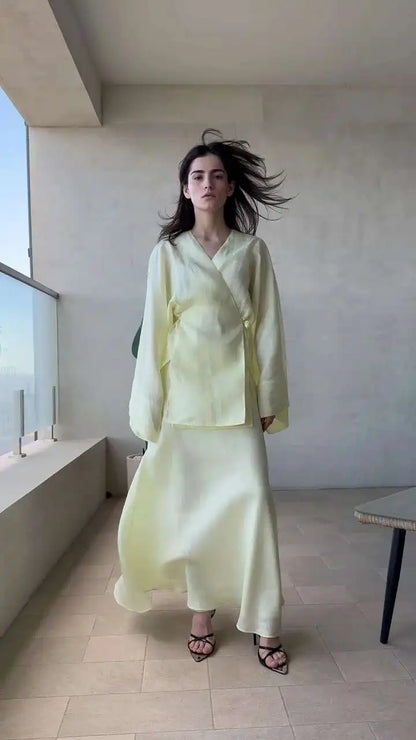 Women's Clothing 2025 Summer New Solid Color V-neck Tie Long Sleeve Cardigan High Waist Skirt Set