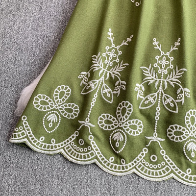 Retro Ethnic Sle Embroidered A-Line Long Dr Women's round Ne Lantern Sve Dr Slimming High Waist Korean Sle