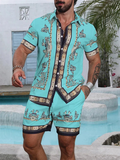 2025 Men's Short-sleeved Shirt Set With Blue Retro Pattern Print For Casual, Fashionable And Daily Summer Vacation