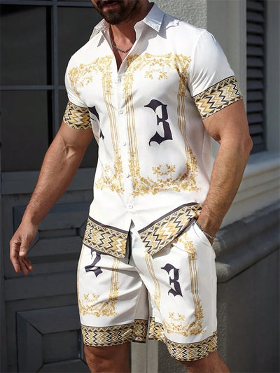 2025 Men's Short-sleeved Shirt Set With Blue Retro Pattern Print For Casual, Fashionable And Daily Summer Vacation