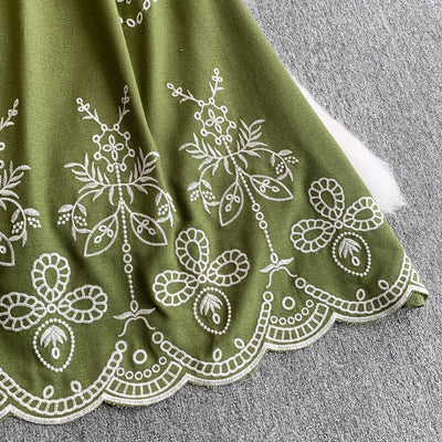Retro Ethnic Sle Embroidered A-Line Long Dr Women's round Ne Lantern Sve Dr Slimming High Waist Korean Sle