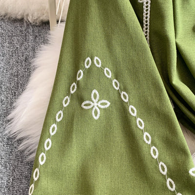 Retro Ethnic Sle Embroidered A-Line Long Dr Women's round Ne Lantern Sve Dr Slimming High Waist Korean Sle