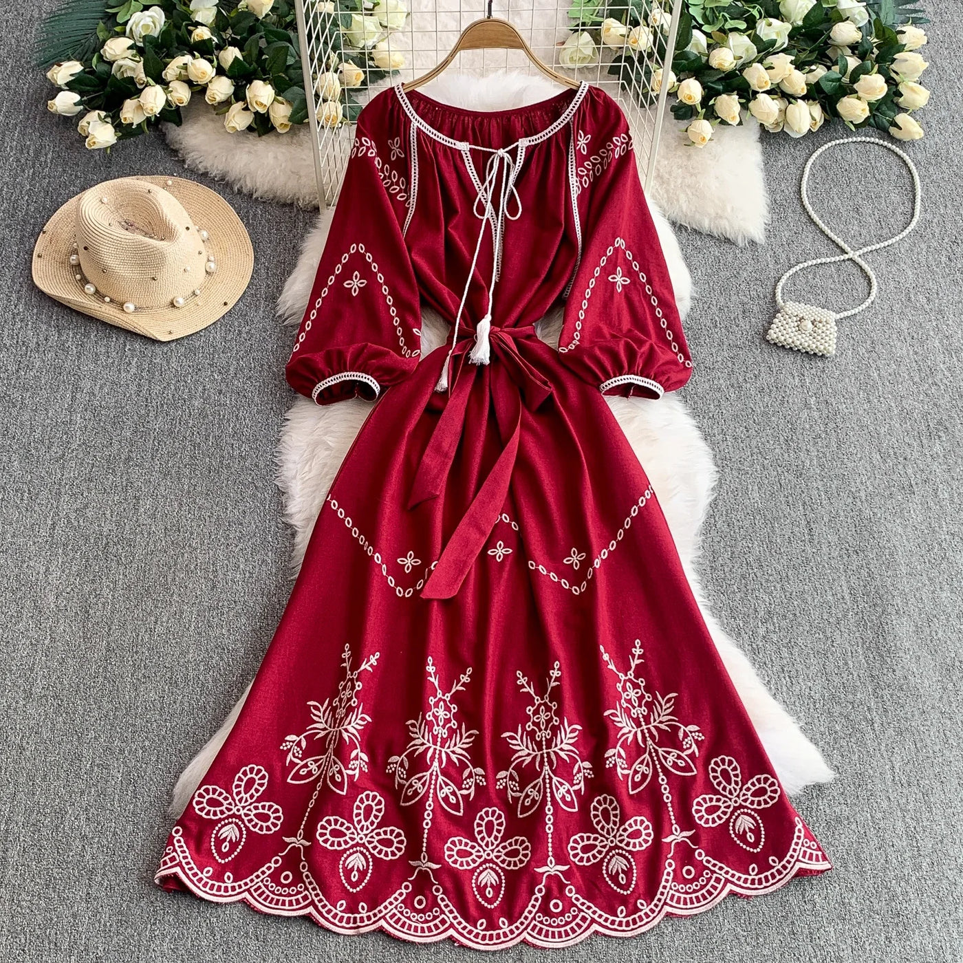 Retro Ethnic Sle Embroidered A-Line Long Dr Women's round Ne Lantern Sve Dr Slimming High Waist Korean Sle