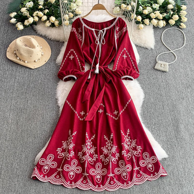 Retro Ethnic Sle Embroidered A-Line Long Dr Women's round Ne Lantern Sve Dr Slimming High Waist Korean Sle