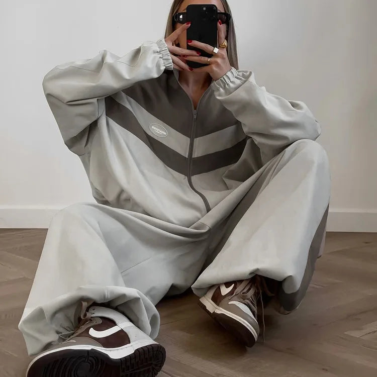 Spring Autumn Street Jumper Two Piece Set Women Long Sleeve Zipper Jacket+Patchwork Hip-Hop Sports Pant Suit Loose Women Outfit