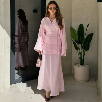 Women's Clothing 2025 Summer New Solid Color V-neck Tie Long Sleeve Cardigan High Waist Skirt Set