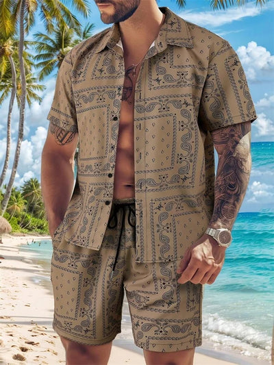 2025 Men's Short-sleeved Shirt Set With Blue Retro Pattern Print For Casual, Fashionable And Daily Summer Vacation