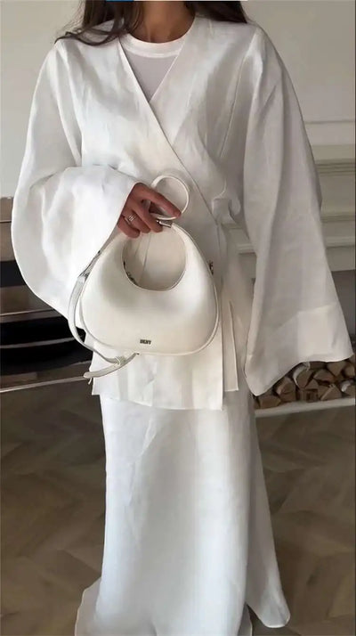 Women's Clothing 2025 Summer New Solid Color V-neck Tie Long Sleeve Cardigan High Waist Skirt Set