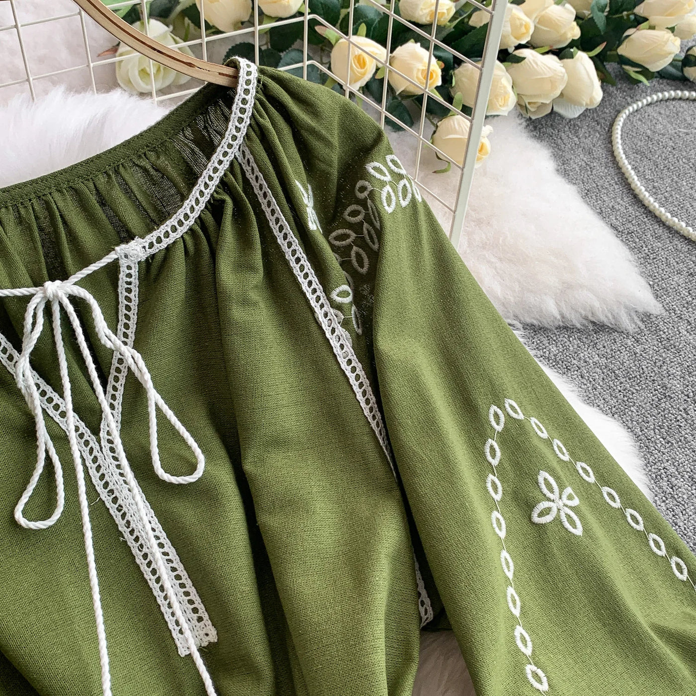 Retro Ethnic Sle Embroidered A-Line Long Dr Women's round Ne Lantern Sve Dr Slimming High Waist Korean Sle
