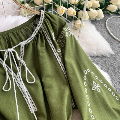 Retro Ethnic Sle Embroidered A-Line Long Dr Women's round Ne Lantern Sve Dr Slimming High Waist Korean Sle