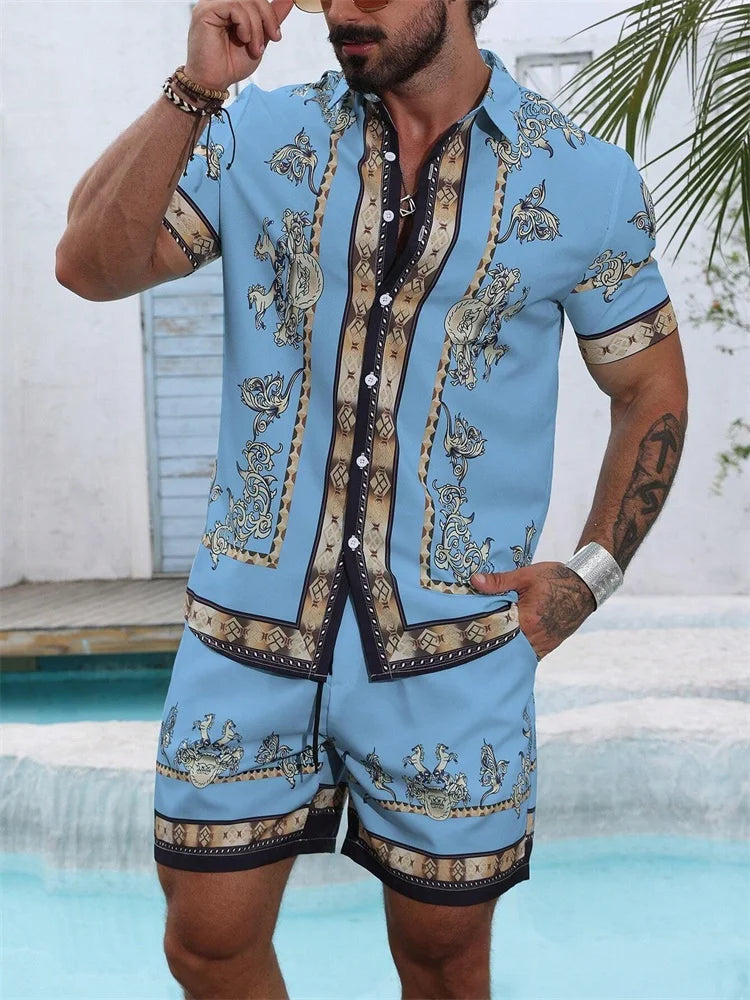 2025 Men's Short-sleeved Shirt Set With Blue Retro Pattern Print For Casual, Fashionable And Daily Summer Vacation