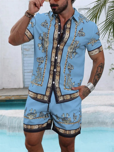 2025 Men's Short-sleeved Shirt Set With Blue Retro Pattern Print For Casual, Fashionable And Daily Summer Vacation