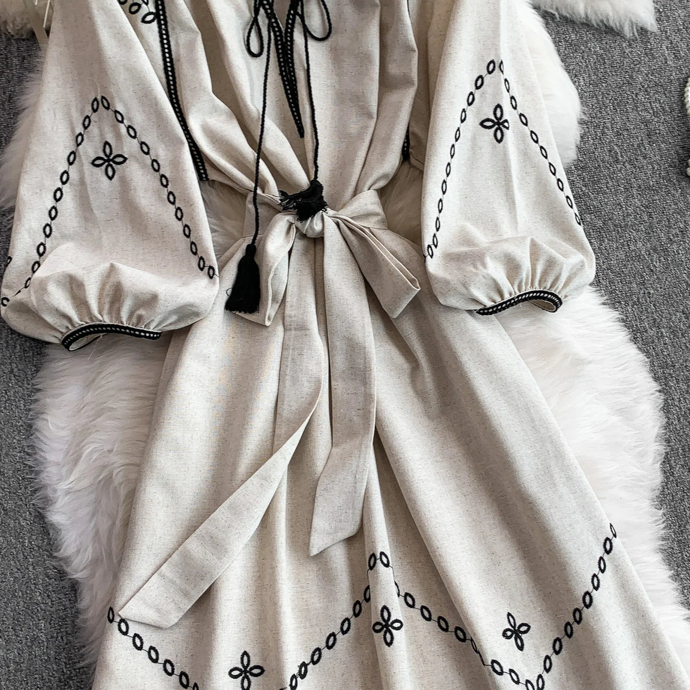 Retro Ethnic Sle Embroidered A-Line Long Dr Women's round Ne Lantern Sve Dr Slimming High Waist Korean Sle