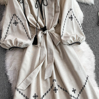 Retro Ethnic Sle Embroidered A-Line Long Dr Women's round Ne Lantern Sve Dr Slimming High Waist Korean Sle