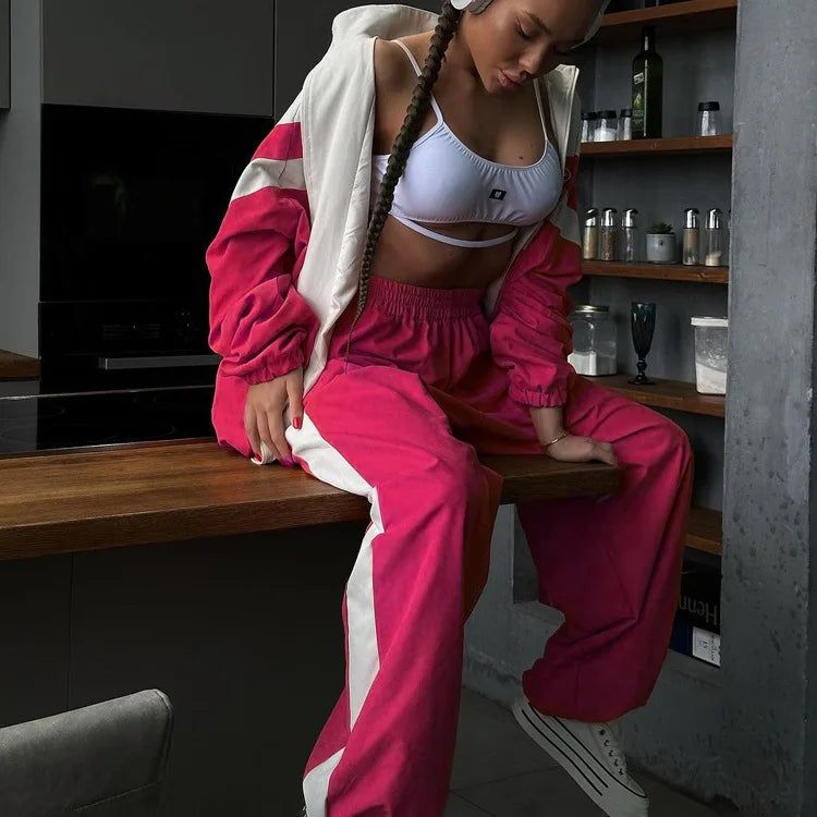 Spring Autumn Street Jumper Two Piece Set Women Long Sleeve Zipper Jacket+Patchwork Hip-Hop Sports Pant Suit Loose Women Outfit