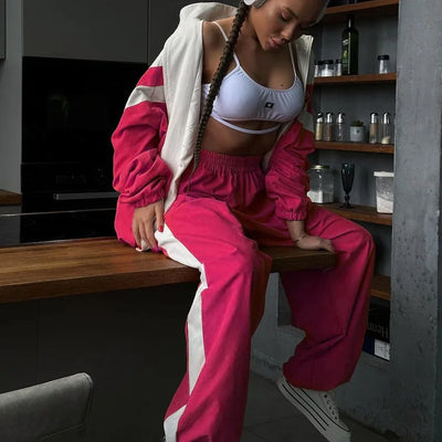 Spring Autumn Street Jumper Two Piece Set Women Long Sleeve Zipper Jacket+Patchwork Hip-Hop Sports Pant Suit Loose Women Outfit