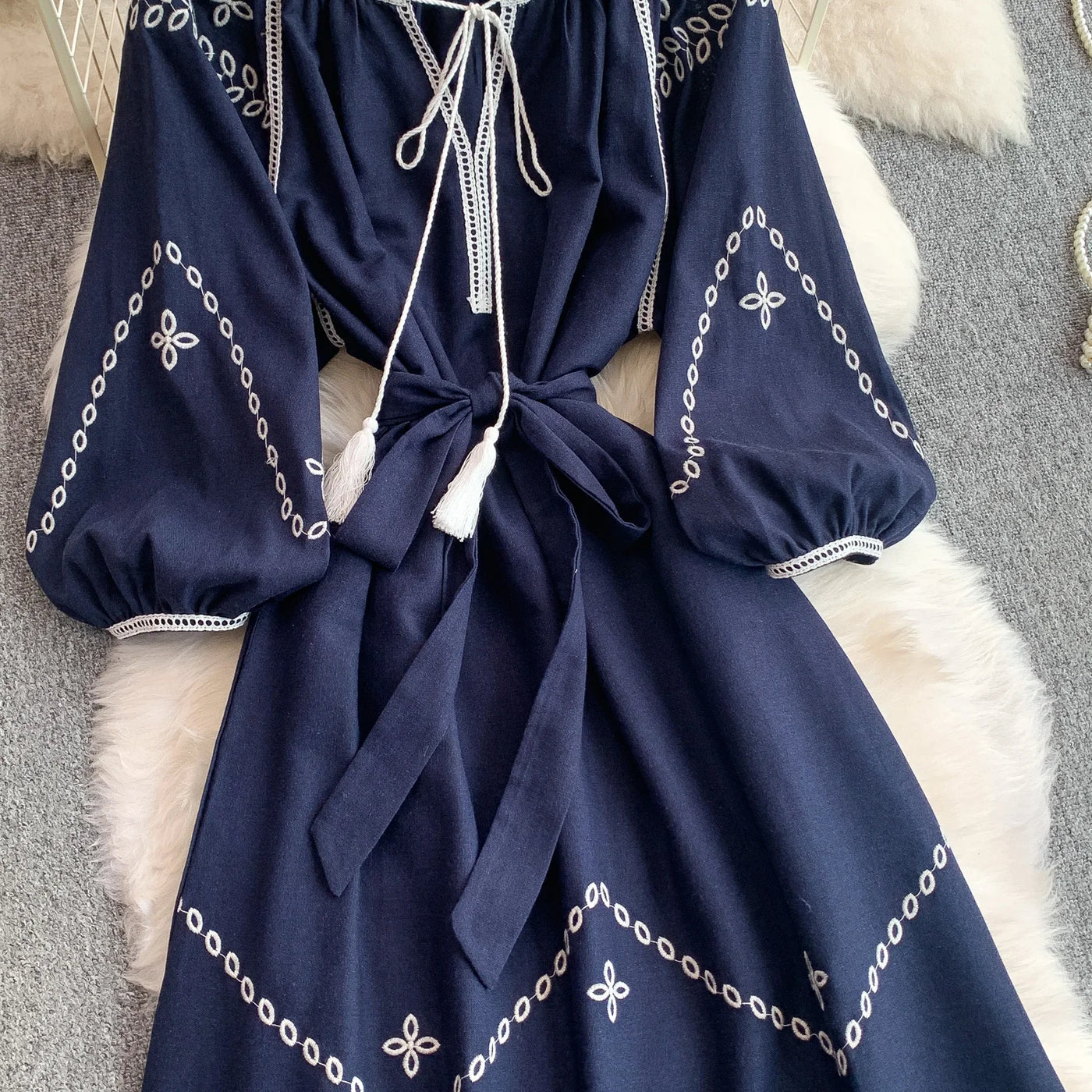Retro Ethnic Sle Embroidered A-Line Long Dr Women's round Ne Lantern Sve Dr Slimming High Waist Korean Sle