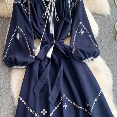 Retro Ethnic Sle Embroidered A-Line Long Dr Women's round Ne Lantern Sve Dr Slimming High Waist Korean Sle