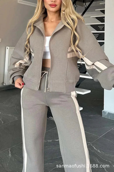 Striped Zipper Coat+sweatpants 2 Piece Set Women Spring Casual Batwing Sleeve Sports Jacket Outfits White Sweatshirt Suit