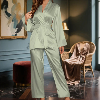 2-piece Set Fashion Pink Elegant Long-sleeved Lace-up Home Wear For Women's Spring Autumn New Casual Loose Trousers Female 2025