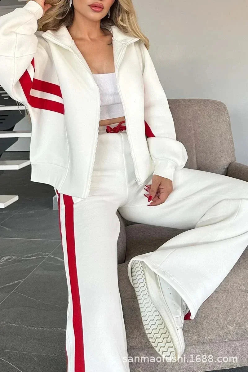 Striped Zipper Coat+sweatpants 2 Piece Set Women Spring Casual Batwing Sleeve Sports Jacket Outfits White Sweatshirt Suit