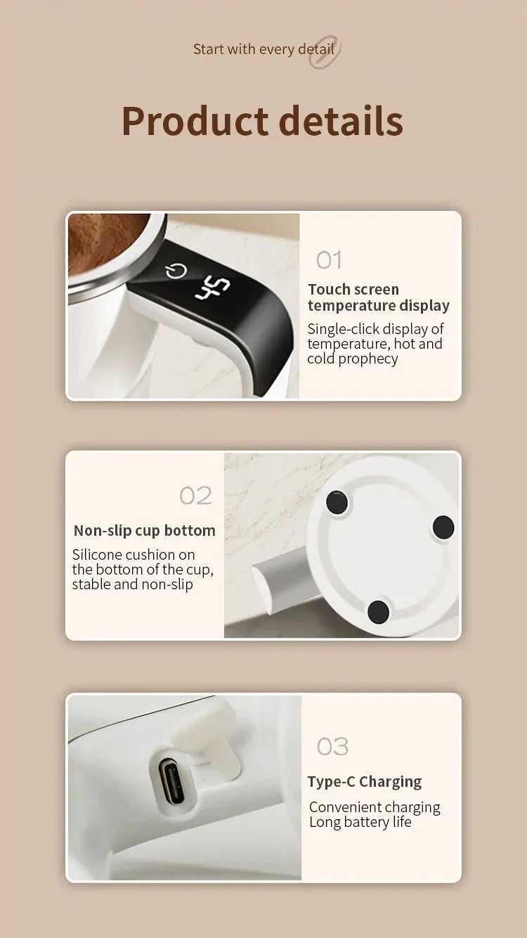 Smart Automatic Stirring Cup Rechargeable Portable LCD Screen Coffee Stainless Steel Rotating Magnetic Self Stirring Mugs