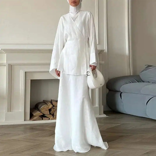 Women's Clothing 2025 Summer New Solid Color V-neck Tie Long Sleeve Cardigan High Waist Skirt Set