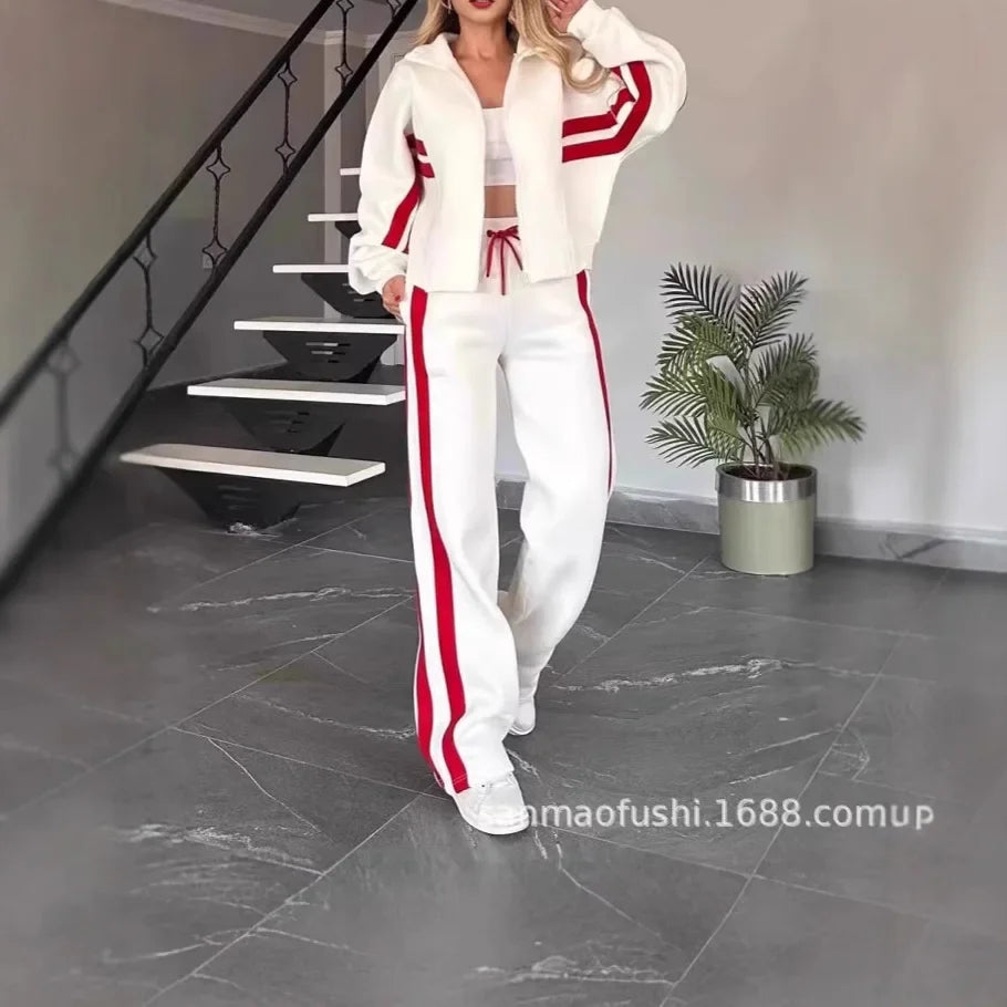 Striped Zipper Coat+sweatpants 2 Piece Set Women Spring Casual Batwing Sleeve Sports Jacket Outfits White Sweatshirt Suit