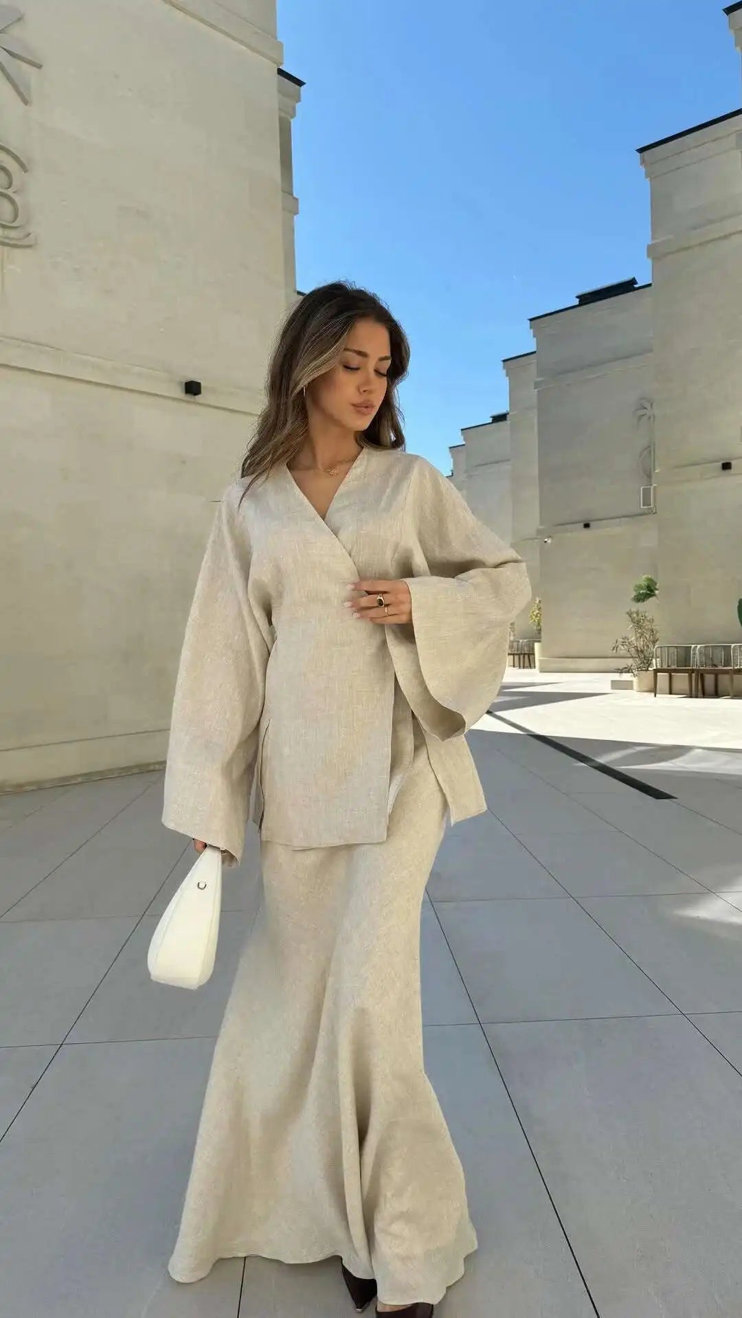 Women's Clothing 2025 Summer New Solid Color V-neck Tie Long Sleeve Cardigan High Waist Skirt Set