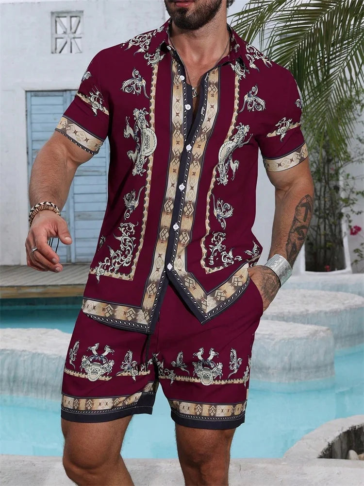 2025 Men's Short-sleeved Shirt Set With Blue Retro Pattern Print For Casual, Fashionable And Daily Summer Vacation